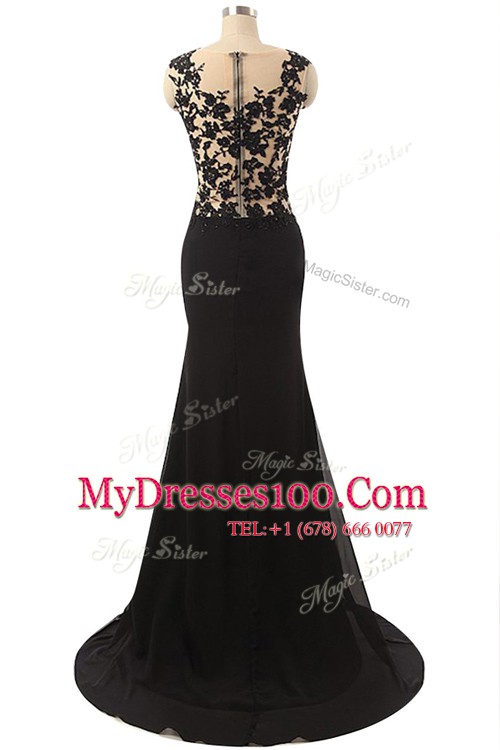 Customized Mermaid Scoop Sleeveless Chiffon Floor Length Zipper Evening Wear in Black with Lace