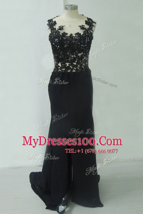 Customized Mermaid Scoop Sleeveless Chiffon Floor Length Zipper Evening Wear in Black with Lace