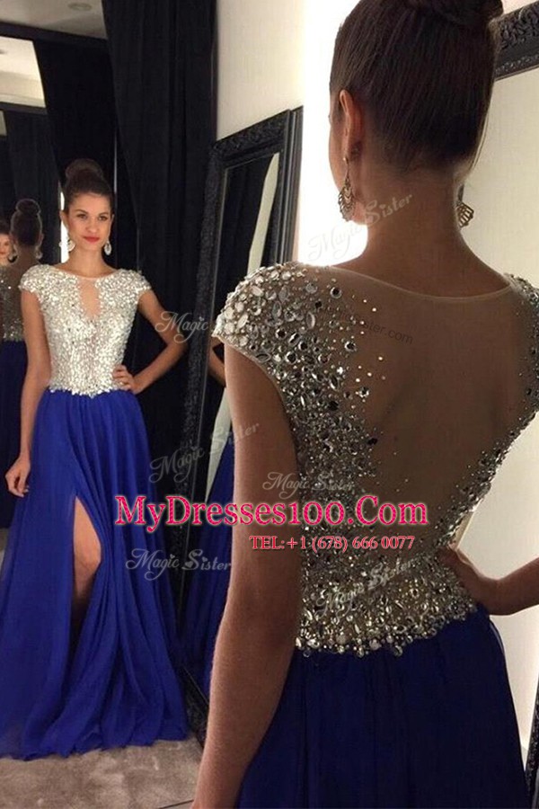 Top Selling Bateau Sleeveless Chiffon Prom Dresses Beading Sweep Train Side Zipper