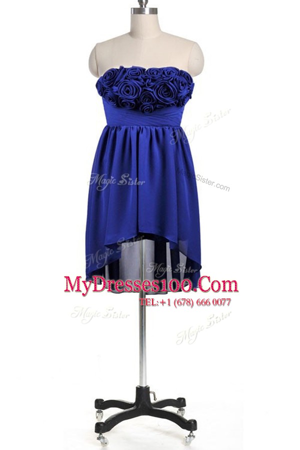 Custom Fit Royal Blue A-line Strapless Sleeveless Chiffon Knee Length Zipper Hand Made Flower Juniors Party Dress