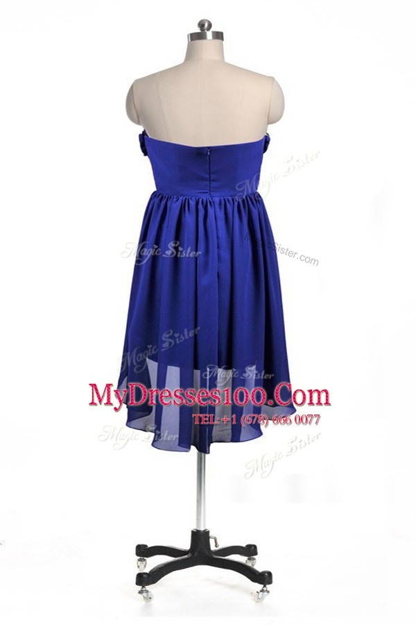 Custom Fit Royal Blue A-line Strapless Sleeveless Chiffon Knee Length Zipper Hand Made Flower Juniors Party Dress