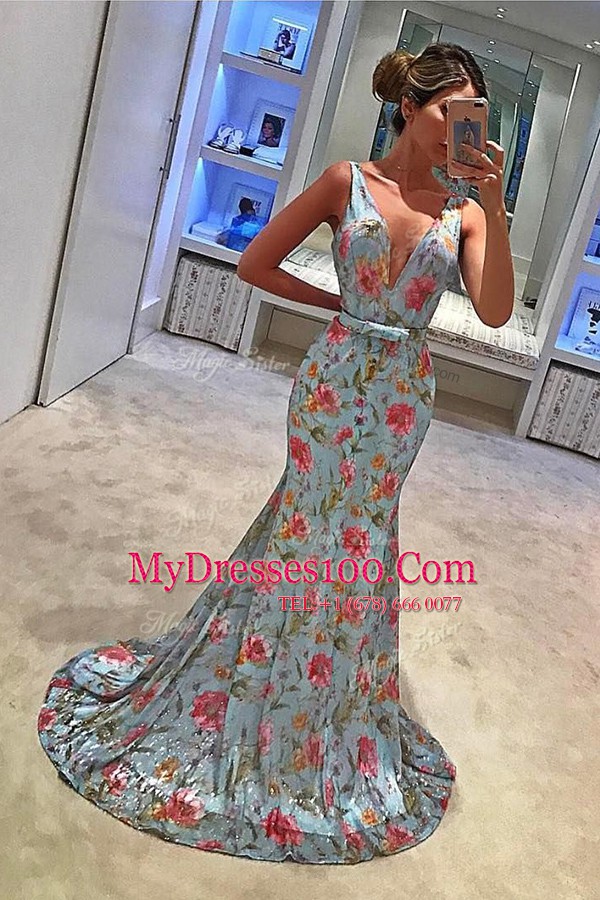 Artistic Mermaid Blue V-neck Neckline Bowknot Dress for Prom Sleeveless Zipper