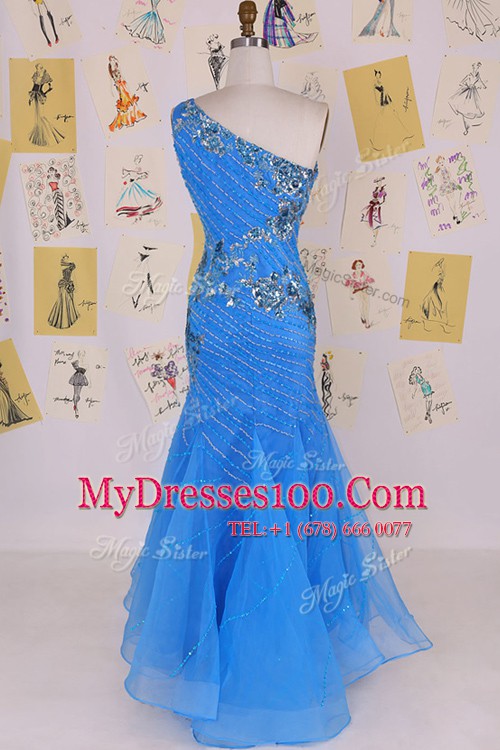 Artistic Mermaid One Shoulder Floor Length Zipper Homecoming Dress Blue for Prom and Party with Beading