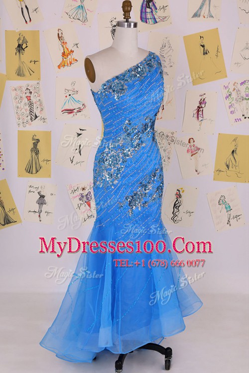 Artistic Mermaid One Shoulder Floor Length Zipper Homecoming Dress Blue for Prom and Party with Beading