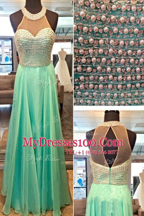 Sophisticated Apple Green Empire High-neck Sleeveless Chiffon Floor Length Zipper Beading Prom Dress