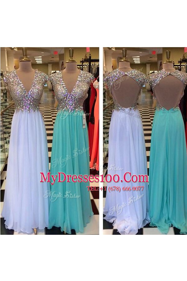 White A-line Chiffon V-neck Sleeveless Beading Floor Length Backless Evening Dress