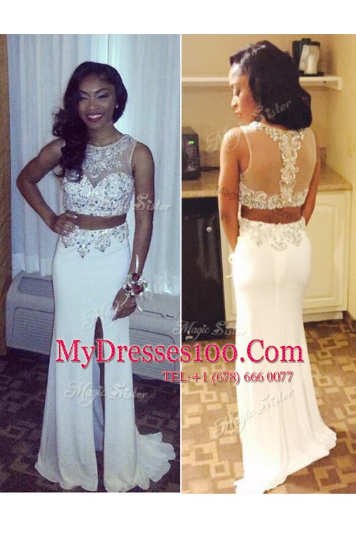 White Zipper Scoop Beading and Appliques Chiffon Sleeveless Sweep Train
