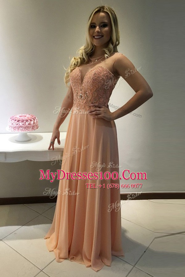 Scoop Peach Sleeveless Sweep Train Beading and Lace With Train Prom Dresses