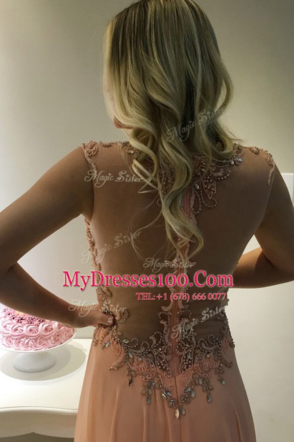 Scoop Peach Sleeveless Sweep Train Beading and Lace With Train Prom Dresses