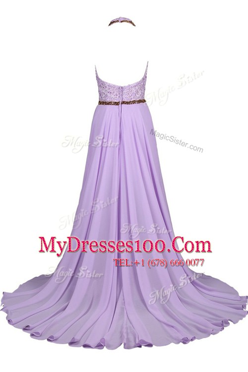 Clearance Halter Top Lace Floor Length Zipper Prom Party Dress Navy Blue for Prom and Party with Beading