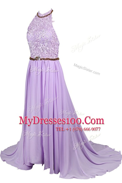 Clearance Halter Top Lace Floor Length Zipper Prom Party Dress Navy Blue for Prom and Party with Beading