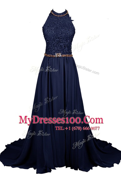 Clearance Halter Top Lace Floor Length Zipper Prom Party Dress Navy Blue for Prom and Party with Beading