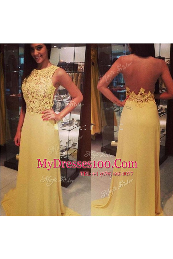 Floor Length Yellow Prom Gown Scoop Sleeveless Backless