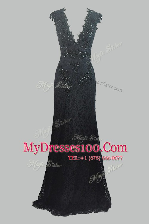Beauteous Black Zipper V-neck Beading and Lace Prom Dress Lace Cap Sleeves