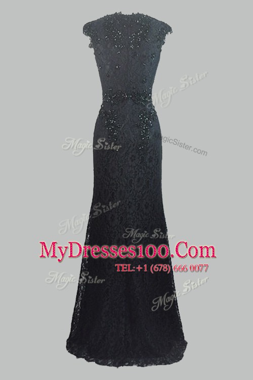 Beauteous Black Zipper V-neck Beading and Lace Prom Dress Lace Cap Sleeves