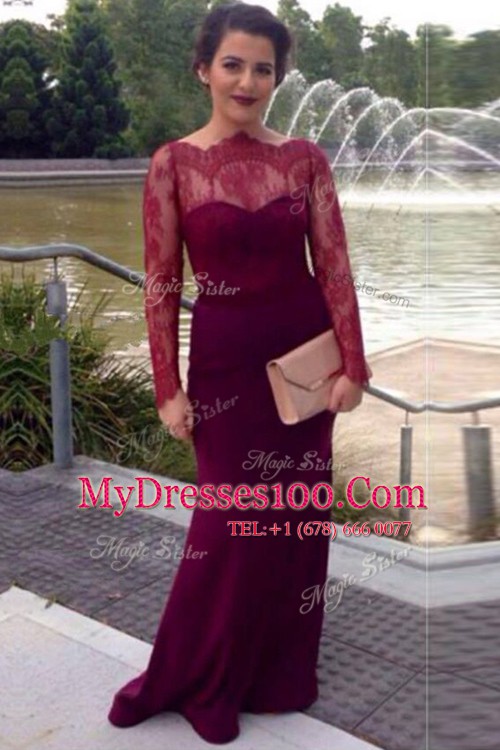 Custom Made Scalloped Long Sleeves Elastic Woven Satin Prom Dress Lace Brush Train Clasp Handle