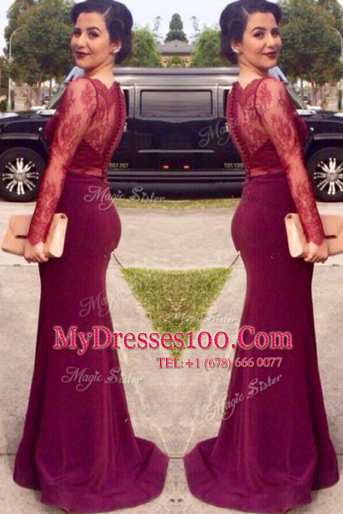 Custom Made Scalloped Long Sleeves Elastic Woven Satin Prom Dress Lace Brush Train Clasp Handle
