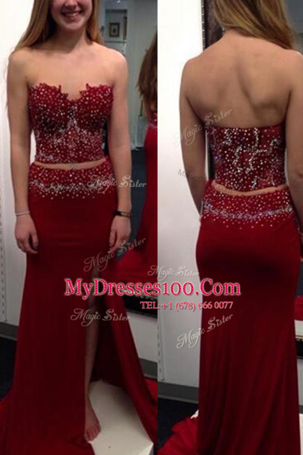 Discount With Train Side Zipper Prom Gown Wine Red for Prom with Beading Sweep Train