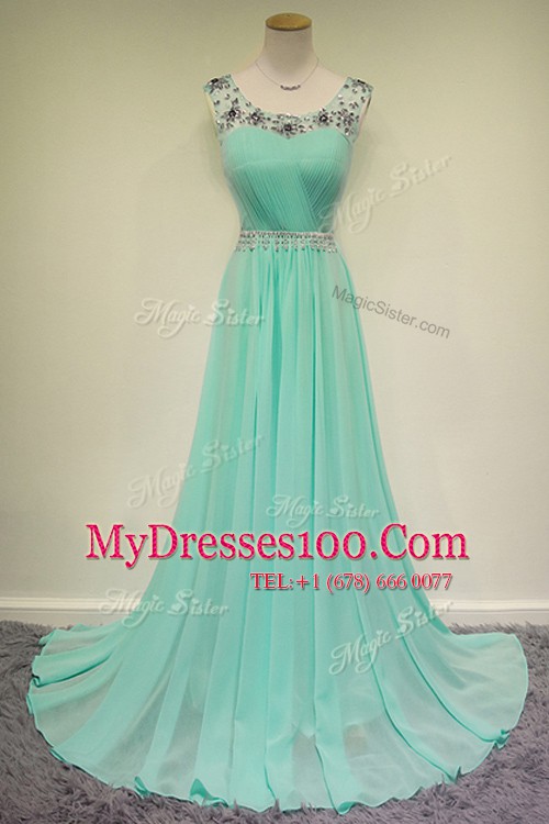 Affordable Scoop Turquoise Column/Sheath Beading Dress for Prom Zipper Chiffon Sleeveless With Train