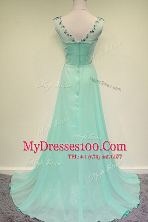 Affordable Scoop Turquoise Column/Sheath Beading Dress for Prom Zipper Chiffon Sleeveless With Train