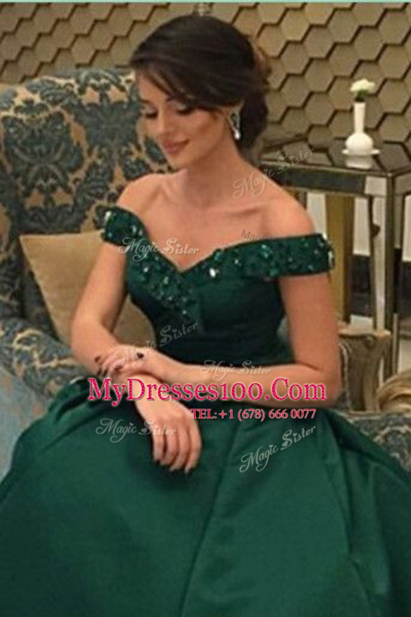 Dark Green A-line Satin Off The Shoulder Short Sleeves Beading Floor Length Zipper Prom Dresses