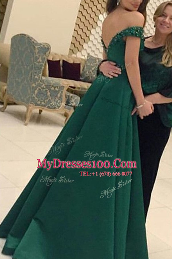 Dark Green A-line Satin Off The Shoulder Short Sleeves Beading Floor Length Zipper Prom Dresses