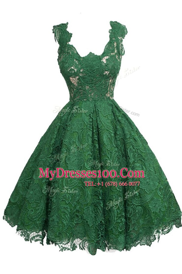 Customized Scoop Lace Knee Length Zipper Evening Gowns Dark Green and In with Appliques