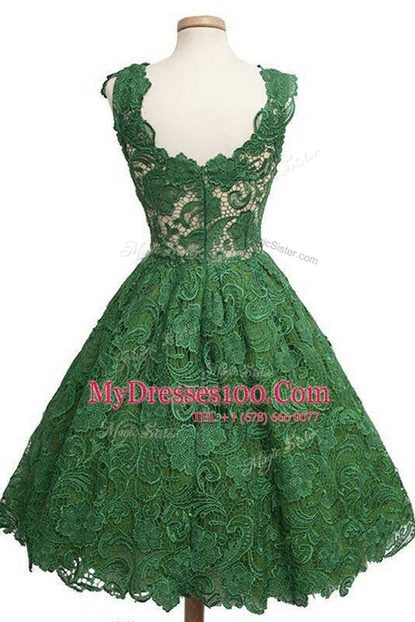 Customized Scoop Lace Knee Length Zipper Evening Gowns Dark Green and In with Appliques