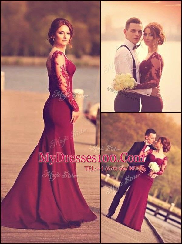 Hot Sale Long Sleeves Elastic Woven Satin With Train Court Train Zipper Evening Dress in Burgundy with Lace and Appliques
