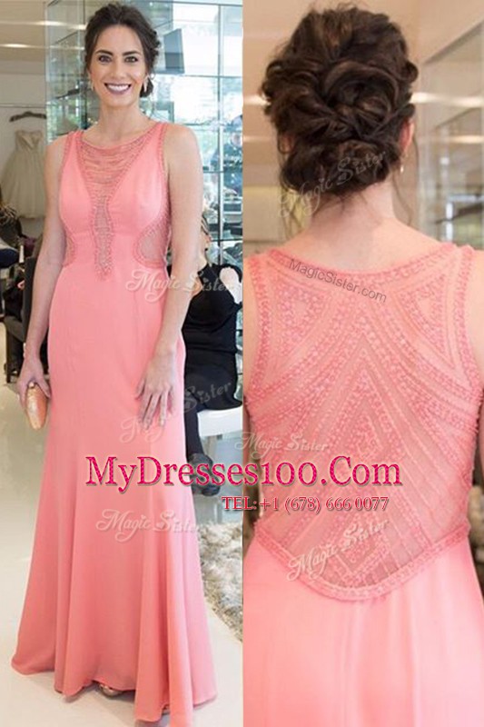 Enchanting Mermaid Prom Gown Watermelon Red Scoop Elastic Woven Satin Sleeveless Floor Length Zipper