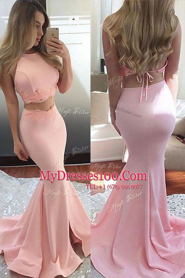 Mermaid With Train Pink Prom Dresses Scoop Sleeveless Sweep Train Backless