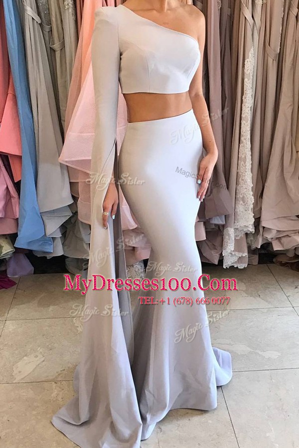 Super Mermaid Silver One Shoulder Neckline Ruching Long Sleeves Side Zipper