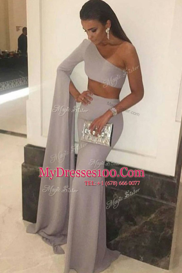 Super Mermaid Silver One Shoulder Neckline Ruching Long Sleeves Side Zipper