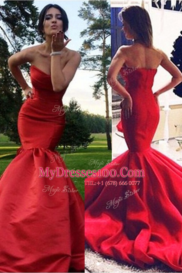 Discount Mermaid Red Elastic Woven Satin Zipper Sleeveless Sweep Train Pleated