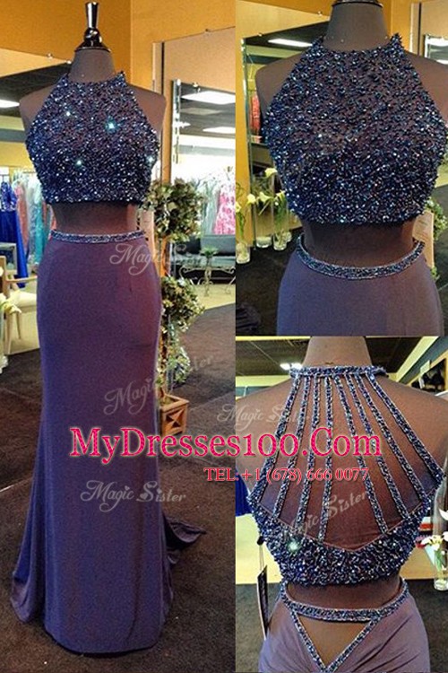 Top Selling Scoop Purple Sleeveless Elastic Woven Satin Zipper Evening Outfits for Prom and Party