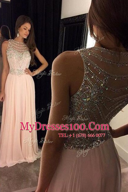 Cute Scoop Sleeveless Chiffon Sweep Train Criss Cross Formal Evening Gowns in Pink with Beading