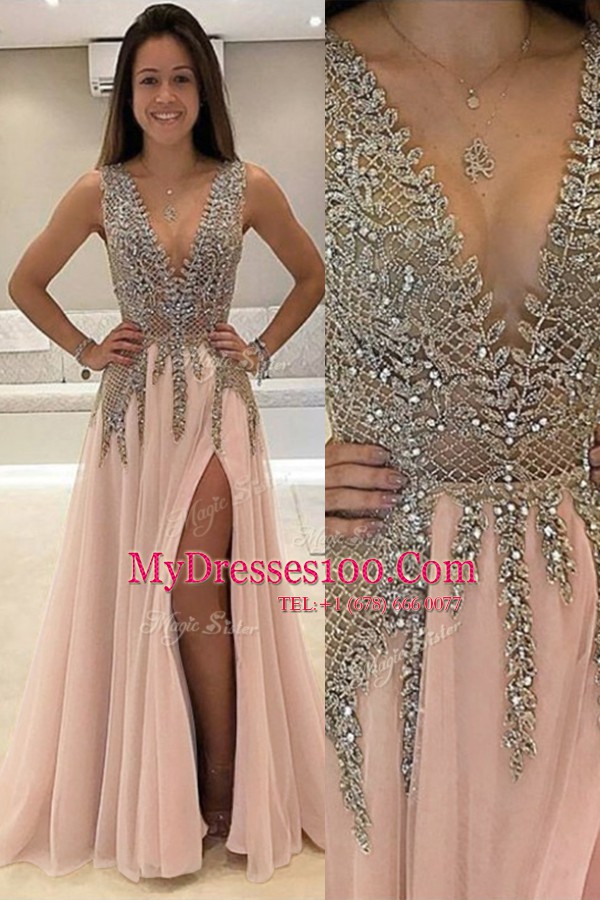 Tulle V-neck Sleeveless Brush Train Backless Beading Prom Gown in Champagne