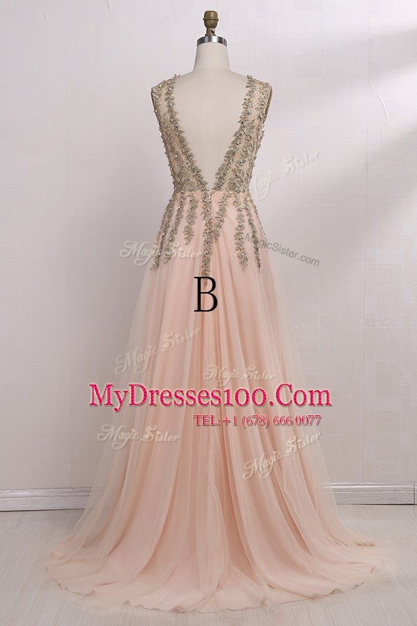 Tulle V-neck Sleeveless Brush Train Backless Beading Prom Gown in Champagne