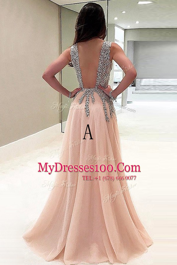 Tulle V-neck Sleeveless Brush Train Backless Beading Prom Gown in Champagne