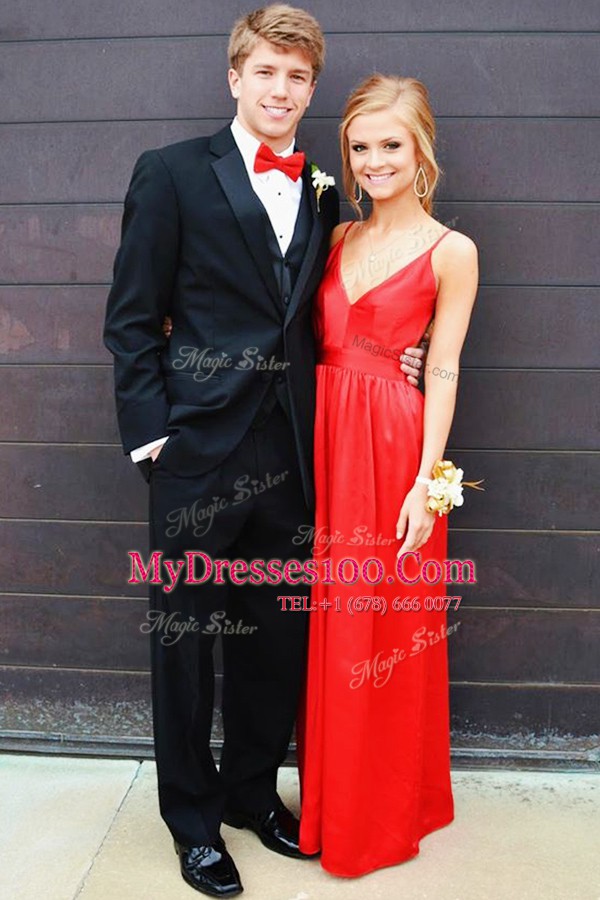 Spaghetti Straps Sleeveless Prom Party Dress Floor Length Ruching Red Chiffon