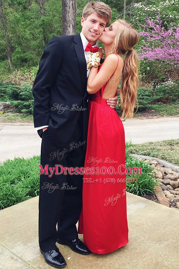 Spaghetti Straps Sleeveless Prom Party Dress Floor Length Ruching Red Chiffon