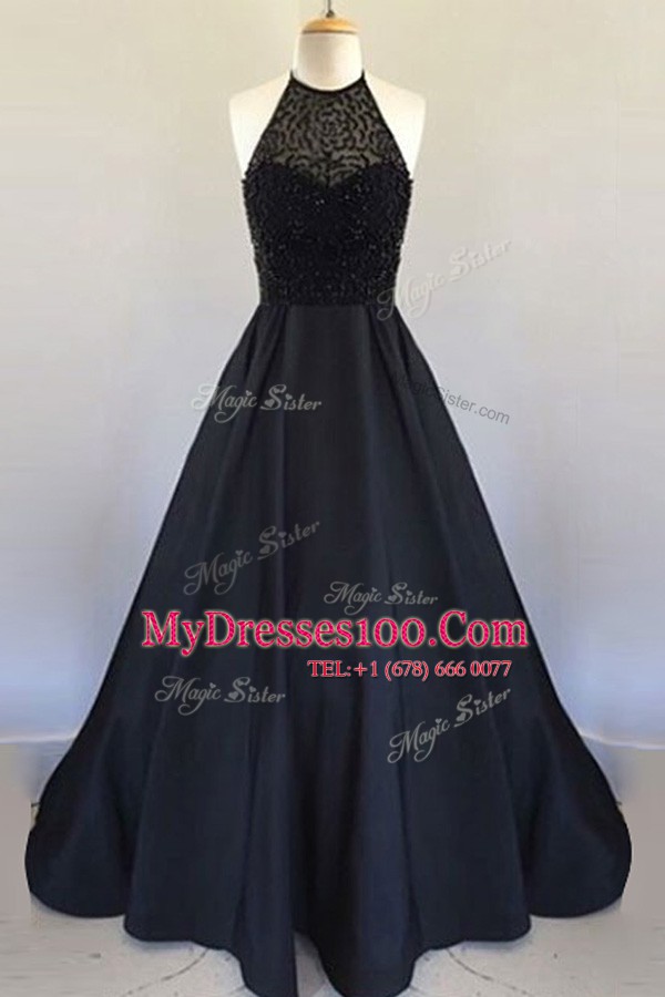 Sweet Halter Top Black A-line Beading and Pleated Evening Dress Zipper Satin Sleeveless Floor Length