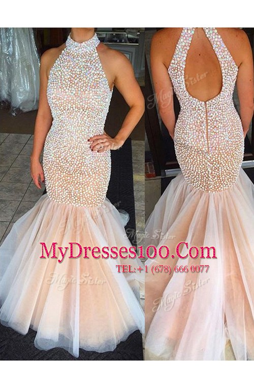 Mermaid Sleeveless Floor Length Beading Zipper Prom Evening Gown with Peach