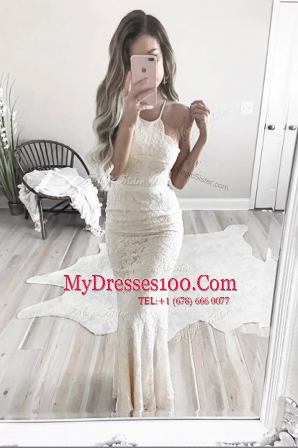 Fashionable White Mermaid Halter Top Sleeveless Lace Floor Length Zipper Lace Homecoming Dress