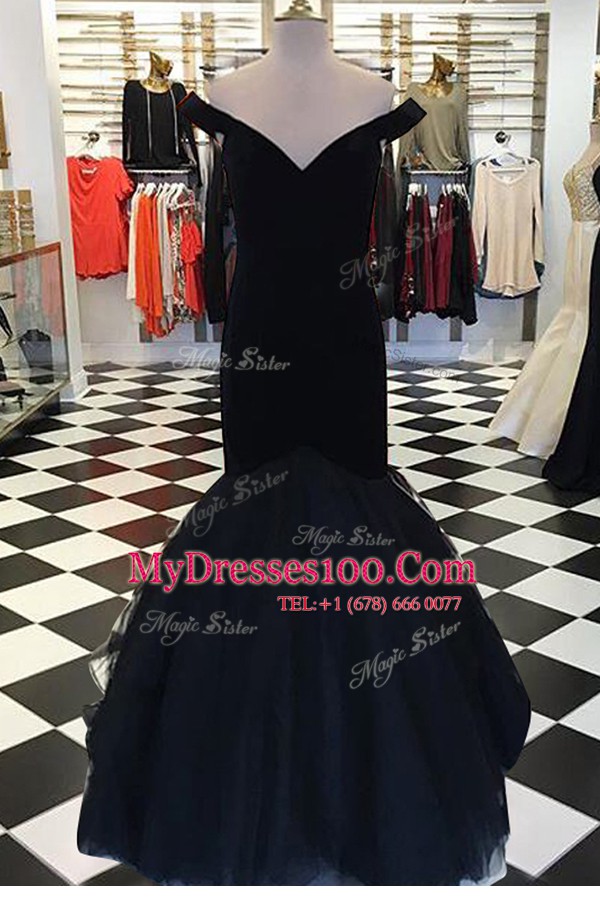 Mermaid Off the Shoulder Elastic Woven Satin Short Sleeves Floor Length Formal Dresses and Ruching