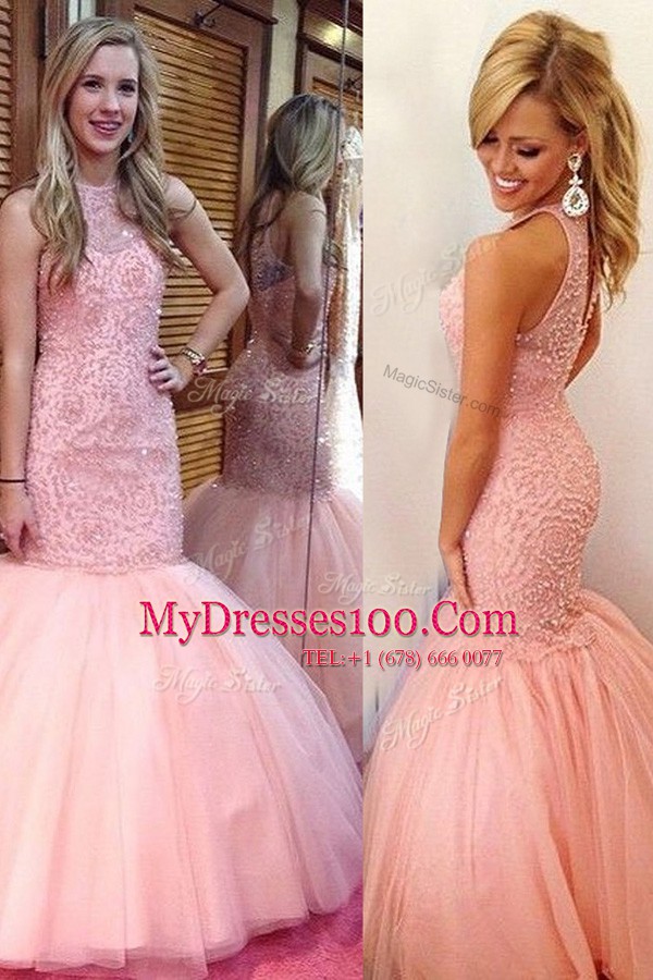 Mermaid Pink Backless Scoop Lace Military Ball Dresses Tulle Sleeveless
