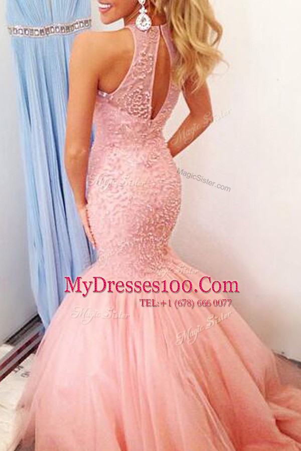 Mermaid Pink Backless Scoop Lace Military Ball Dresses Tulle Sleeveless