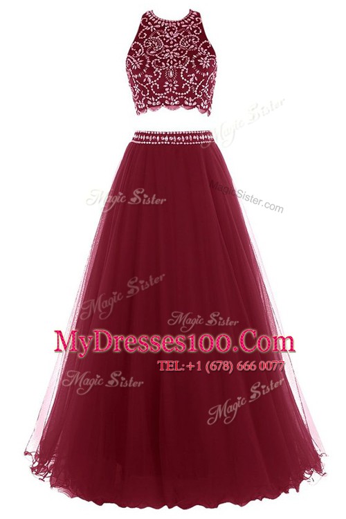 Sophisticated Halter Top Burgundy Tulle Zipper Evening Wear Sleeveless Floor Length Beading
