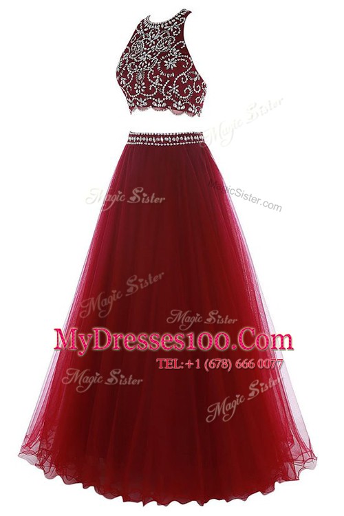 Sophisticated Halter Top Burgundy Tulle Zipper Evening Wear Sleeveless Floor Length Beading
