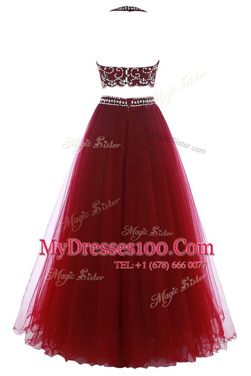 Sophisticated Halter Top Burgundy Tulle Zipper Evening Wear Sleeveless Floor Length Beading